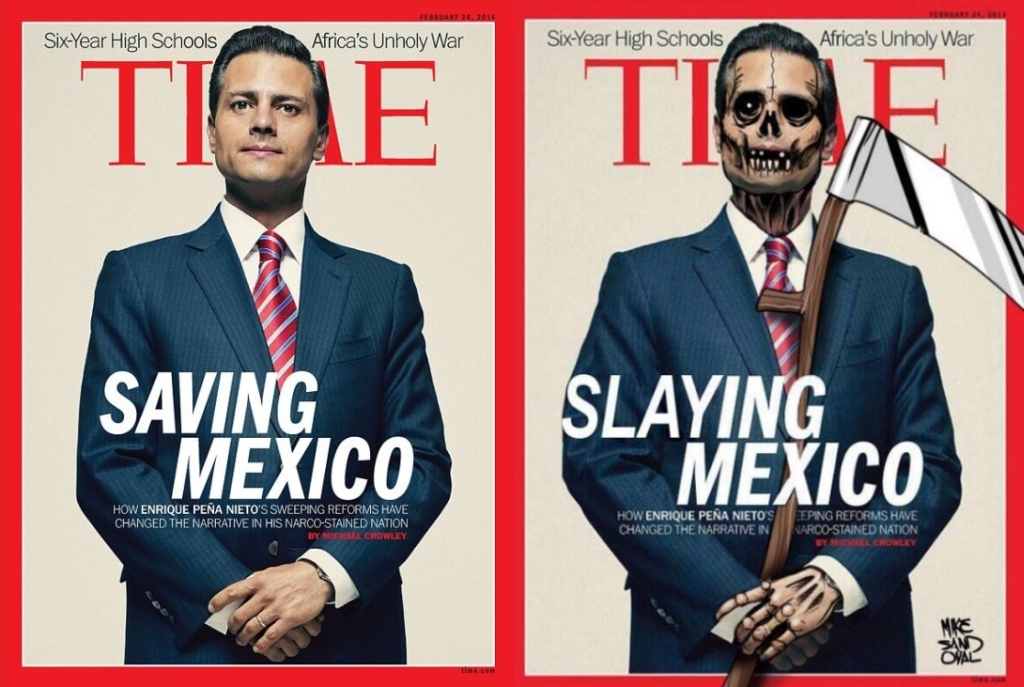 Satirische versie van de Time Time Magazine voorkant met daar op president Peña Nieto als De Dood, met de onder de tekst “Slaying Mexico”